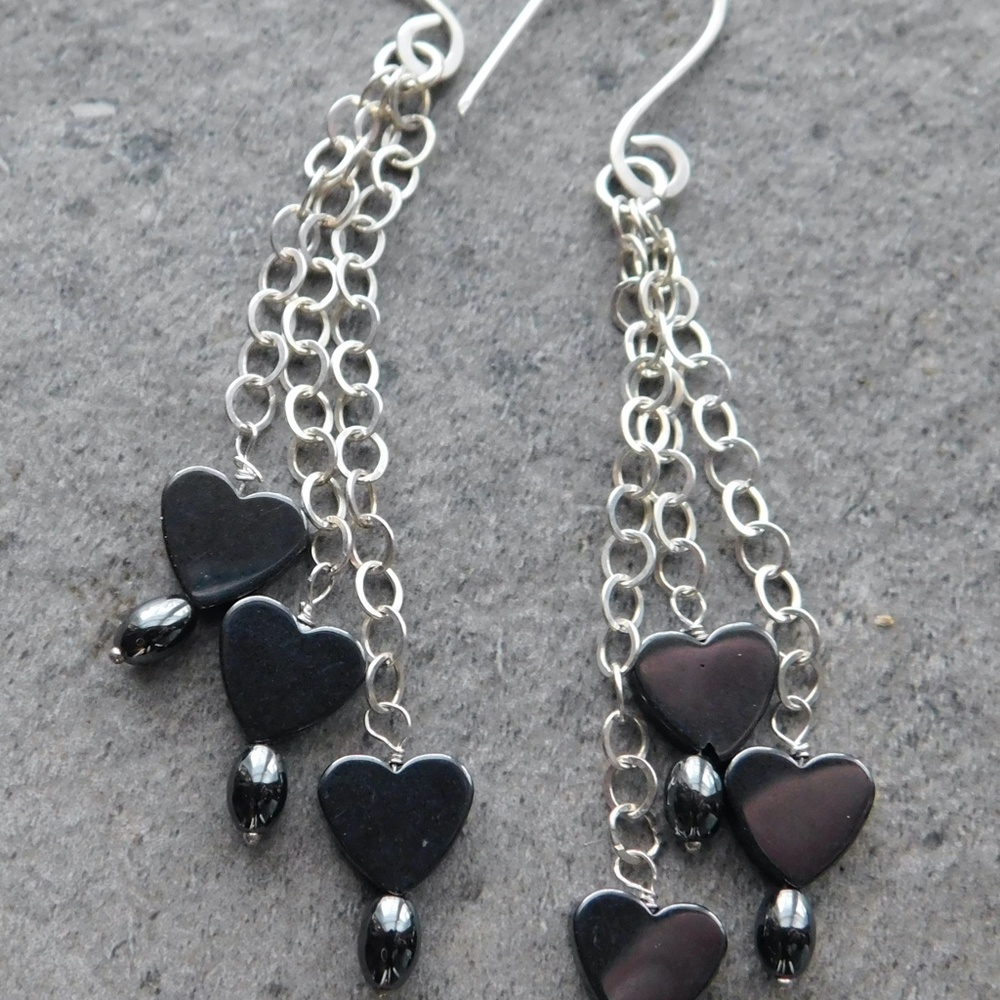 BLACK HEART Hematite and Sterling Silver Dangling Chandelier Earrings - Konnie K